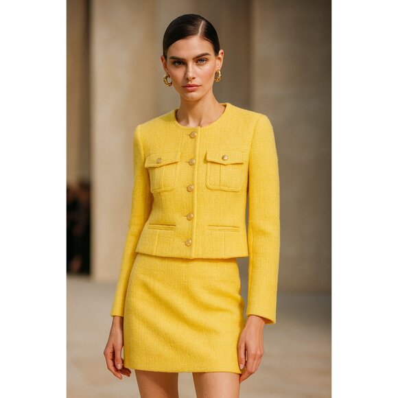 J.Crew Yellow Tweed Cropped Jacket 18 Women Classic Chanel Style Button Front - Picture 14 of 15